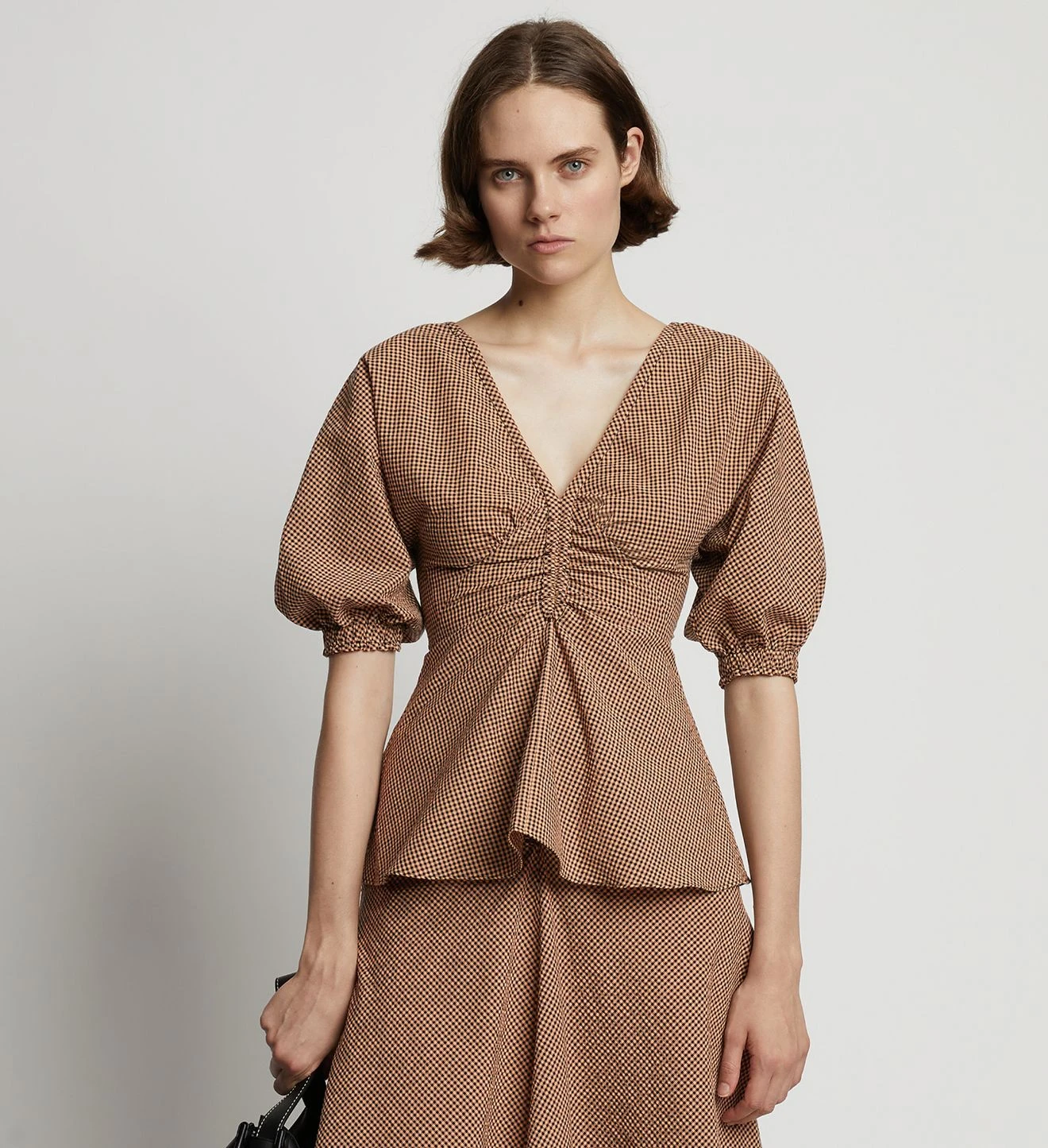 Proenza Schouler White Label | Gingham Long Sleeve Peplum Top - Coral/Black 4 Proenza Schouler White Label | Gingham Long Sleeve Peplum Top - Coral/Black - Image 2