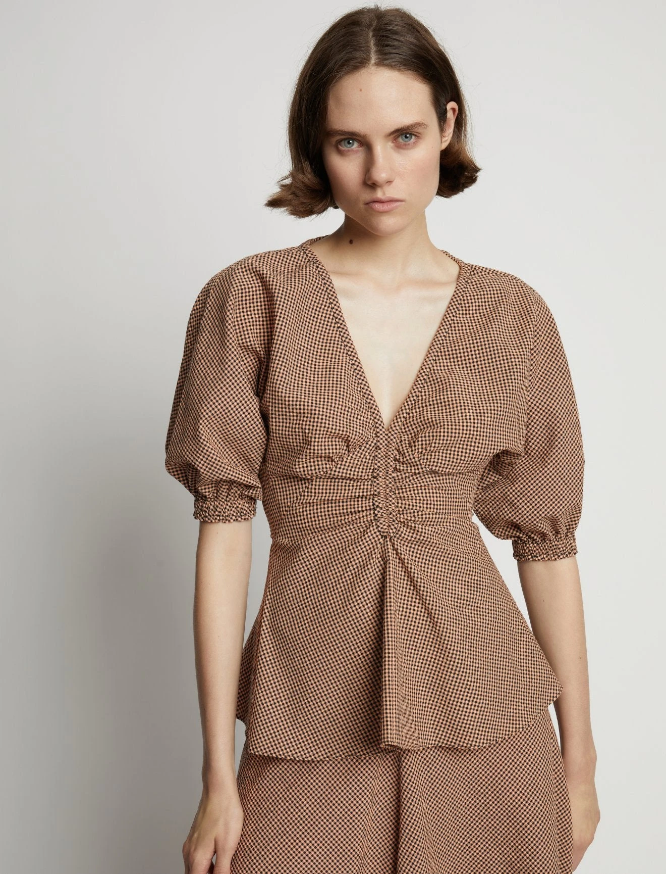 Proenza Schouler White Label | Gingham Long Sleeve Peplum Top - Coral/Black 8 Proenza Schouler White Label | Gingham Long Sleeve Peplum Top - Coral/Black - Image 6