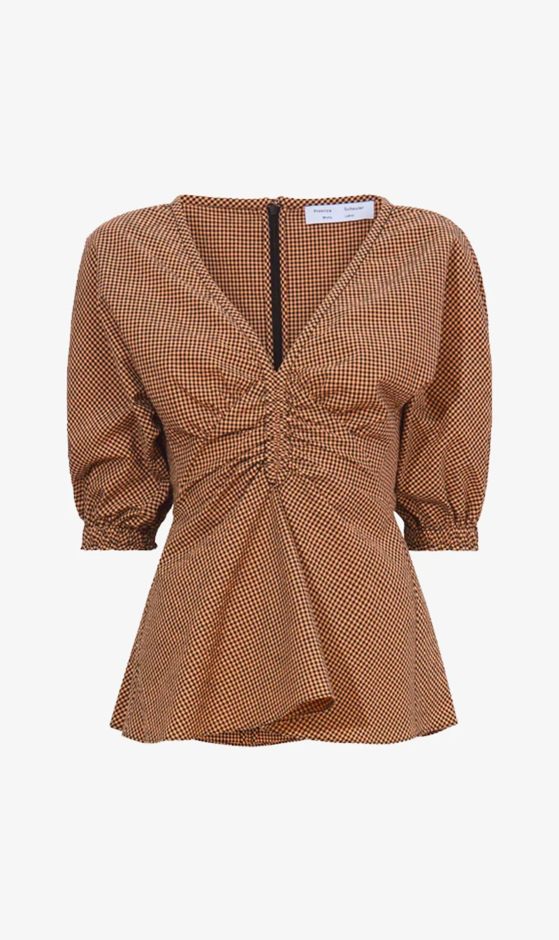 Proenza Schouler White Label | Gingham Long Sleeve Peplum Top - Coral/Black 3 Proenza Schouler White Label | Gingham Long Sleeve Peplum Top - Coral/Black